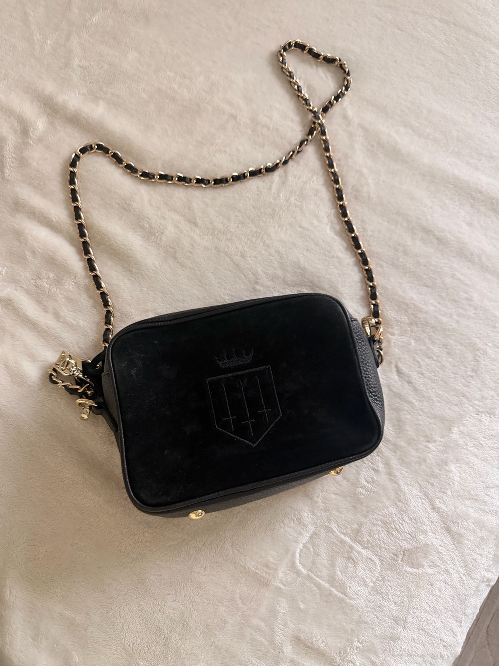 Fairfax & Favor Black Velvet Gold Chain Crossbody Bag Luxury Designer Purse